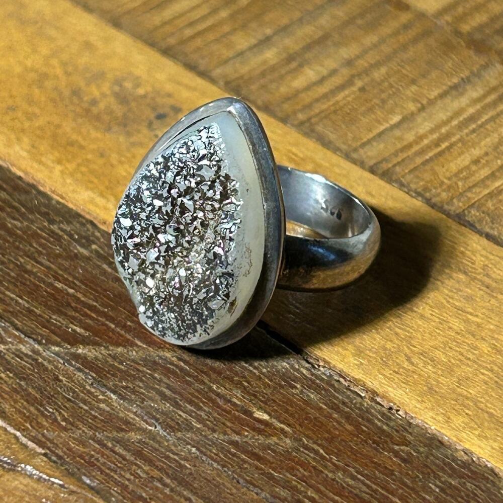Vintage Sterling Silver Druzy Quartz Teardrop Ring – Stamped 925